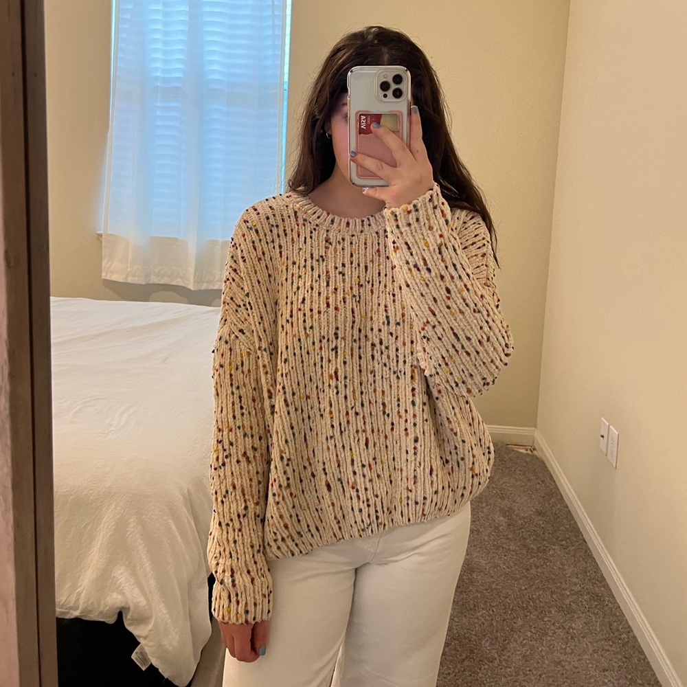 Thick, tan sweater with colorful dots. Very soft!